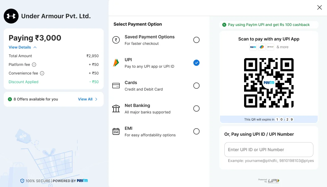 View Details open, showing total amount, platform fee, convenience fee, discount applied and the amount to pay