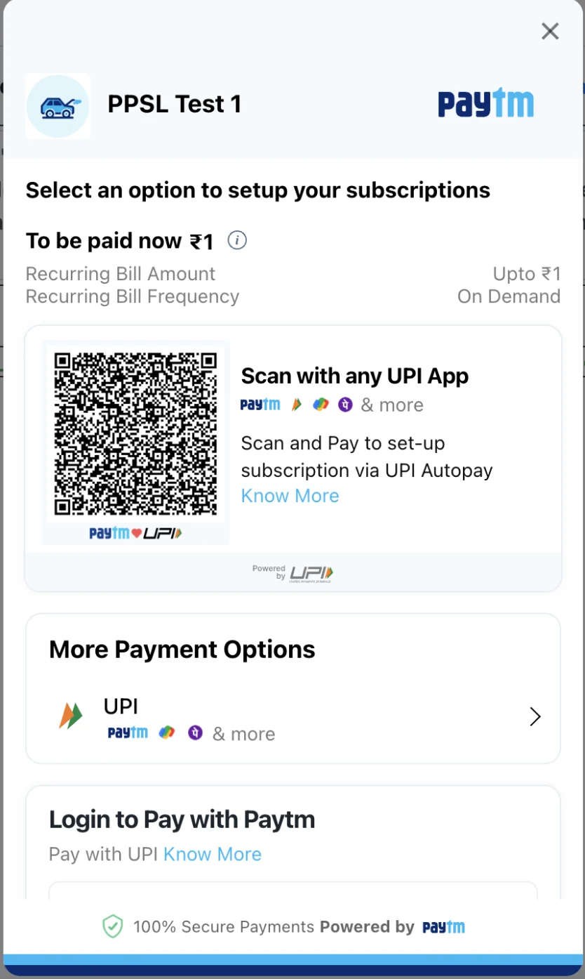 The previous JS Checkout: a merchant header, To be paid now ₹1, a UPI QR card, a More Payment Options row and a Login to Pay with Paytm block, all in one column