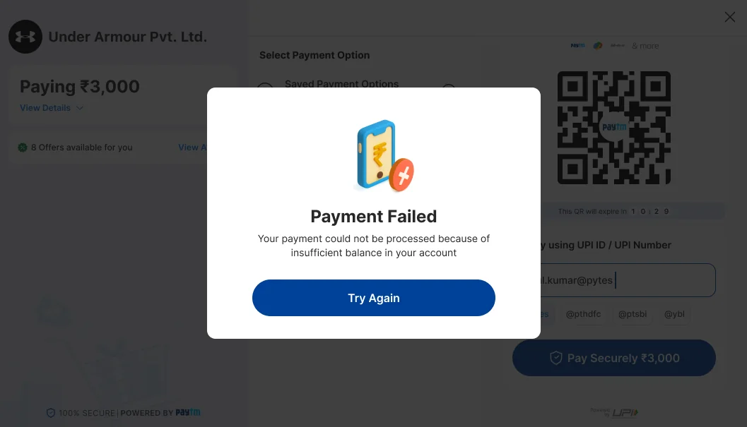 Payment Failed dialog saying the payment could not be processed because of insufficient balance, with a Try Again button