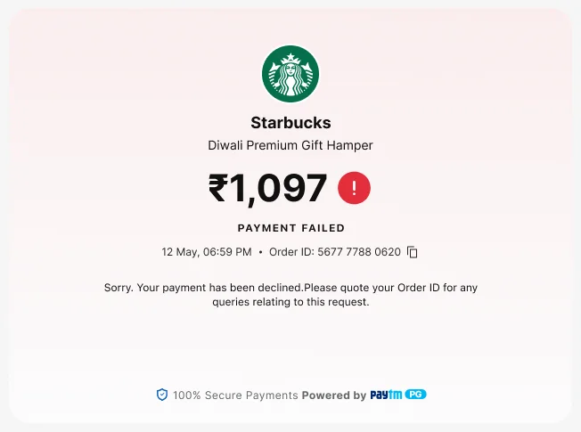 Failure page: Payment failed, with the order ID