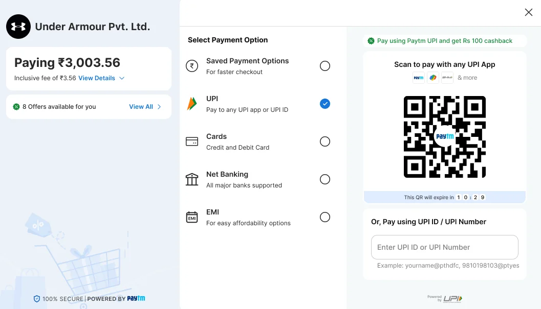 Amount card reading Paying ₹3,003.56, inclusive fee of ₹3.56, with View Details