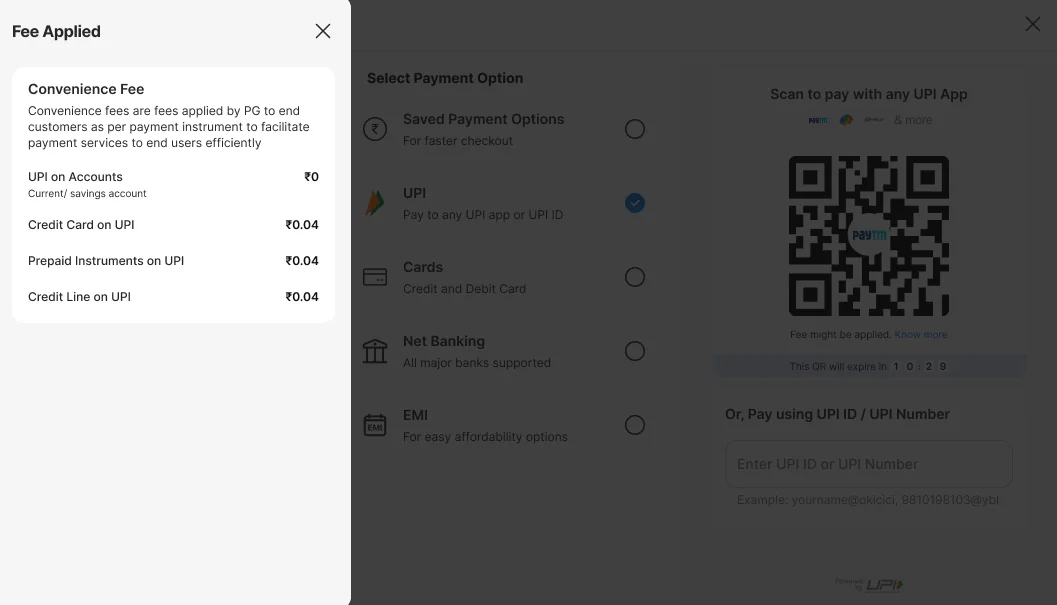 Fee Applied panel explaining convenience fee, with rows for UPI on accounts, credit card on UPI, prepaid instruments on UPI and credit line on UPI