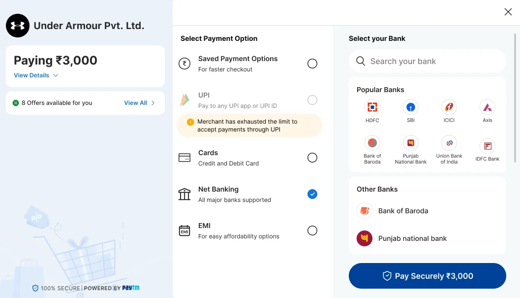 UPI greyed out with the notice Merchant has exhausted the limit to accept payments through UPI, with net banking selected