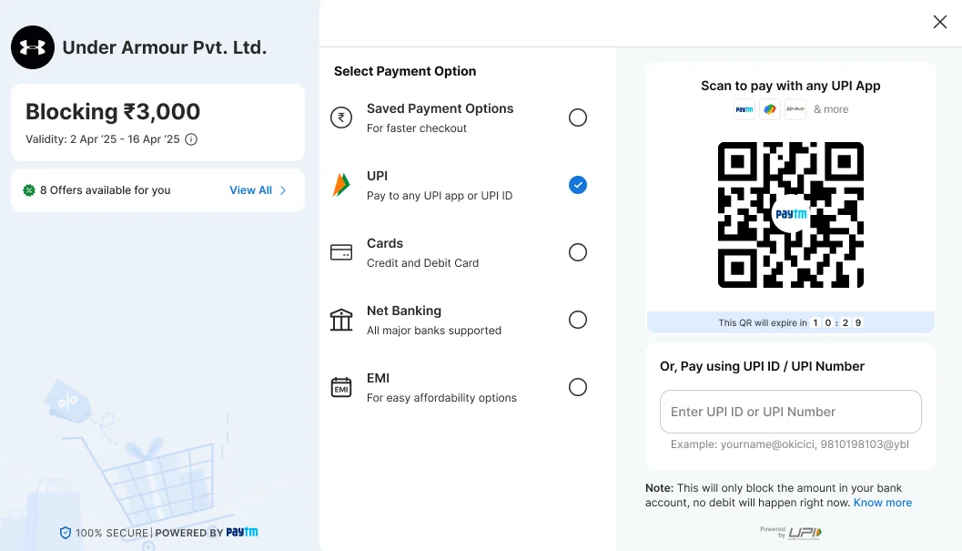 One-time mandate showing Blocking ₹3,000 with a validity range, and a note that no debit will happen now