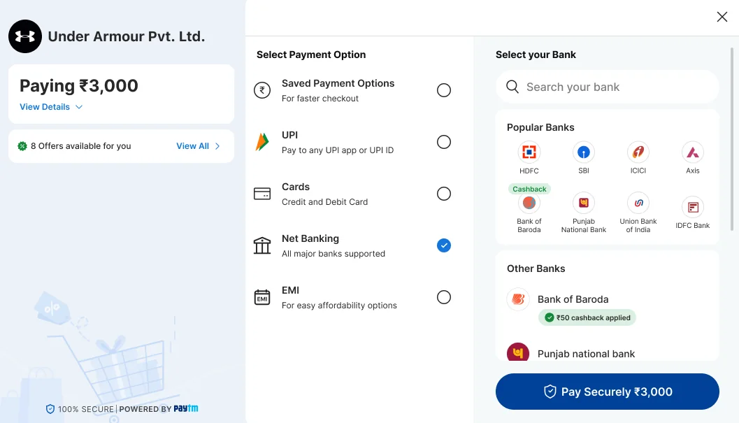 Net banking with a Cashback tag on Bank of Baroda and a ₹50 cashback applied line