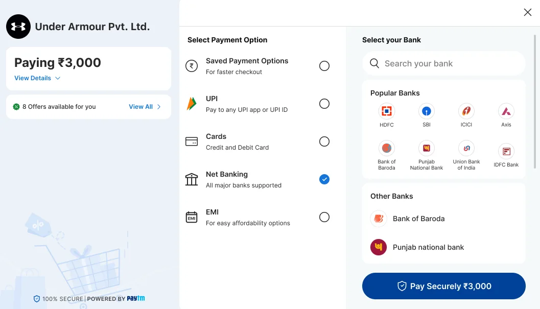 Net banking selected, with a bank search, a grid of popular banks and a list of other banks on the right