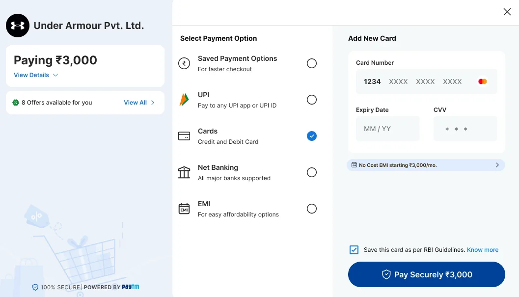Add New Card form with a No Cost EMI line and a save-card consent checkbox