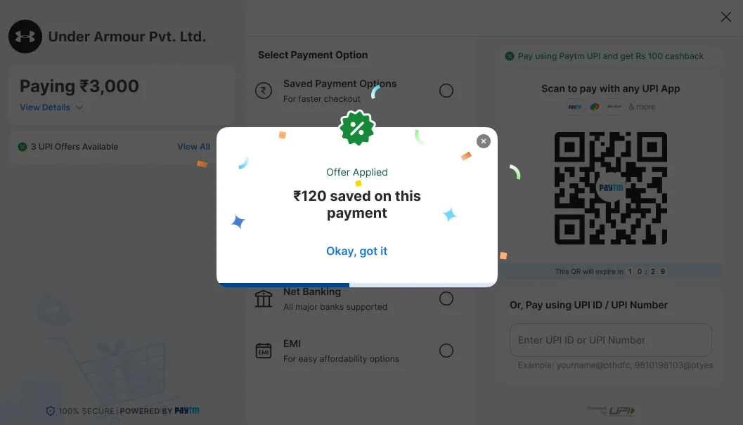 Offer Applied confirmation with a green badge and the text ₹120 saved on this payment