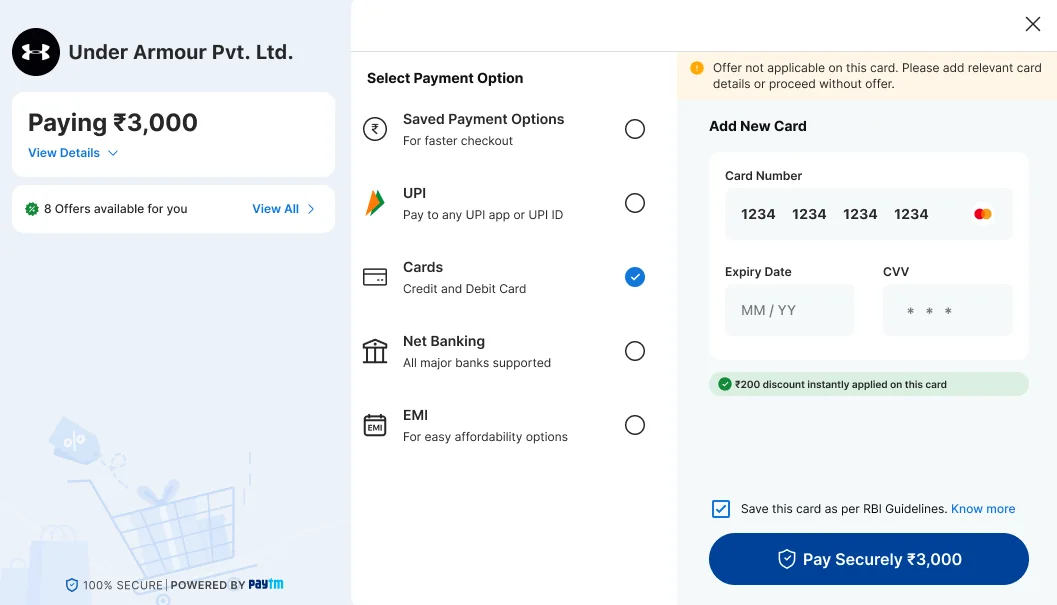 Card form with a notice: Offer not applicable on this card