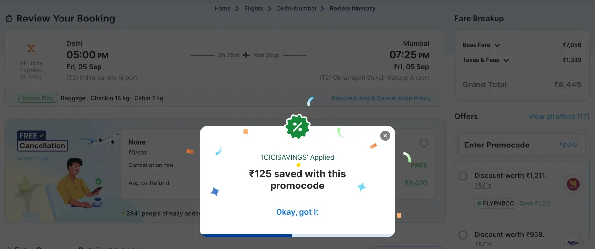 Confirmation on the merchant page: ICICISAVINGS applied, ₹125 saved with this promocode
