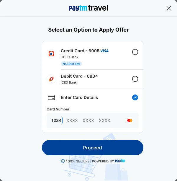 Enter Card Details selected with a card number being typed