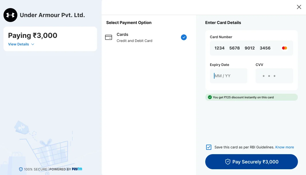 Checkout with only Cards listed, the card number filled in, and You get ₹125 discount instantly on this card