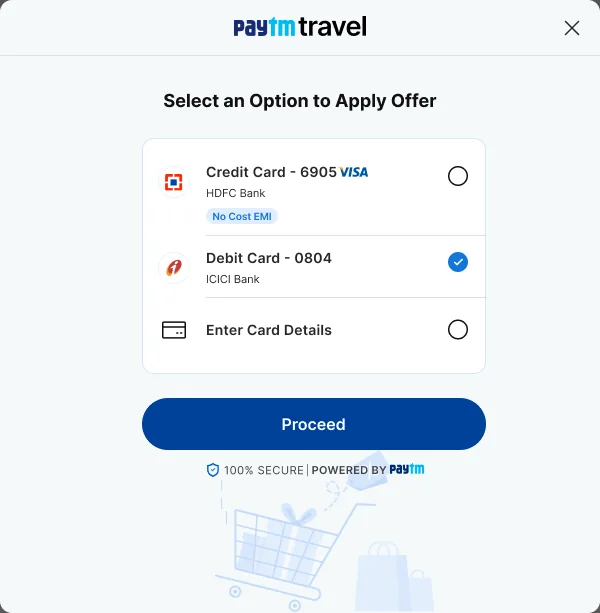 Select an Option to Apply Offer, with a saved HDFC credit card, a saved ICICI debit card and Enter Card Details