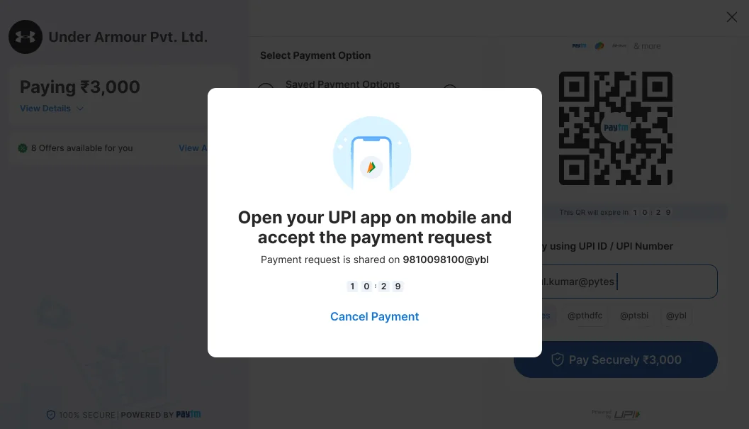 Dialog: Open your UPI app on mobile and accept the payment request, with a countdown and Cancel Payment