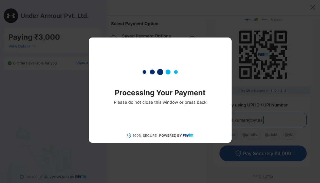 Processing Your Payment dialog: Please do not close this window or press back