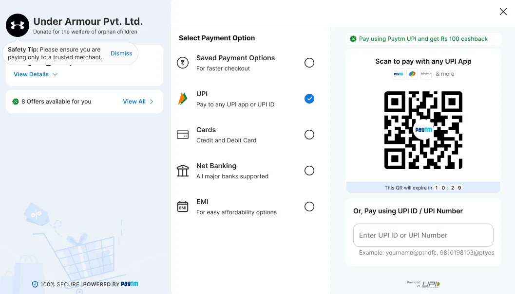 Safety tip above the amount card: Please ensure you are paying only to a trusted merchant