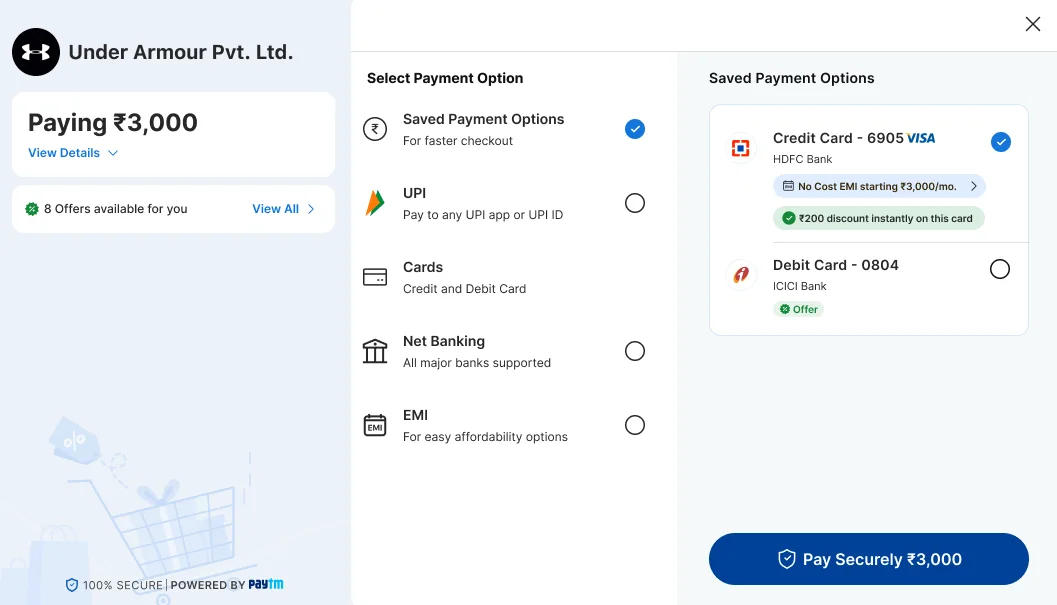 Saved cards selected, with an HDFC credit card tagged No Cost EMI and a ₹200 discount, and an ICICI debit card