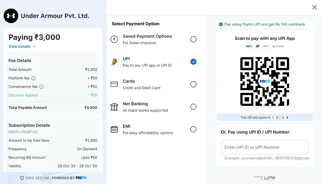 Subscription details showing amount to be paid now, frequency, recurring bill amount and validity