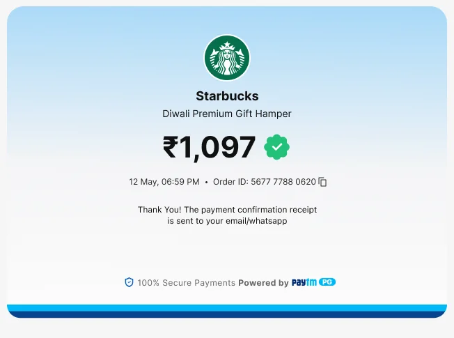 Success page: merchant, amount with a green tick, date, order ID and where the receipt is sent