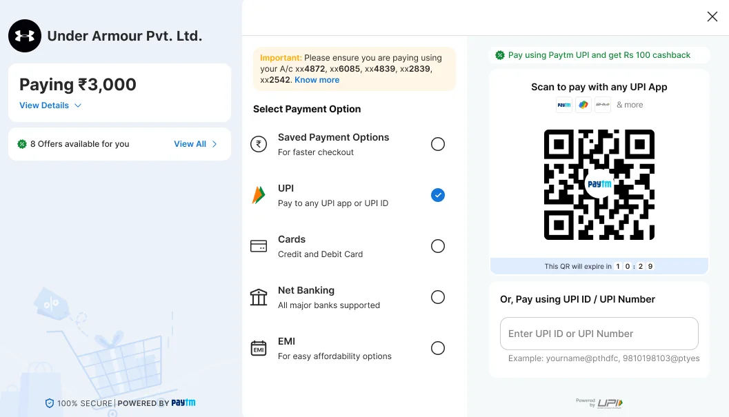 Important notice above the methods listing the bank accounts the customer must pay from