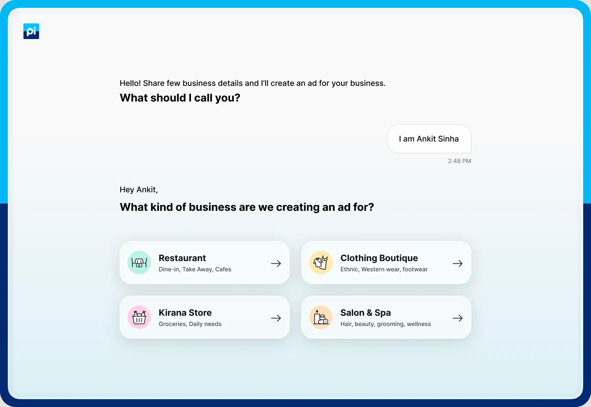 Business type question with four cards: Restaurant, Clothing Boutique, Kirana Store, Salon and Spa