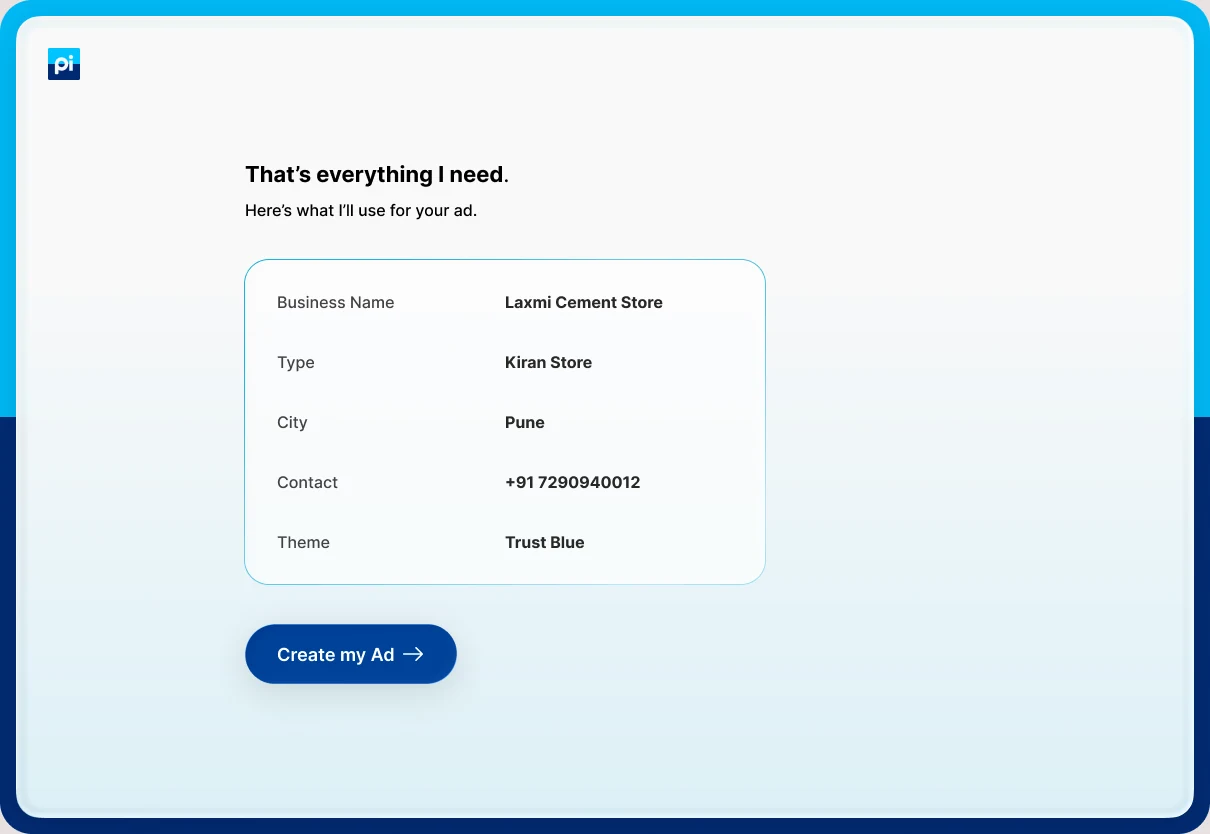 Summary card with a Create my Ad button